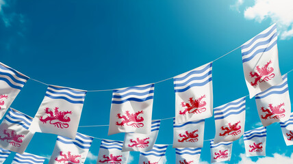 Flag of Nouvelle-Aquitaine - France against the sky, flags hanging vertically