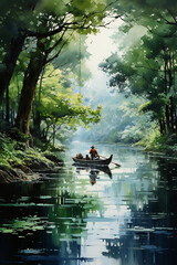 Fototapeta premium Large dense willow trees with leaves hanging down to the water. AI generative