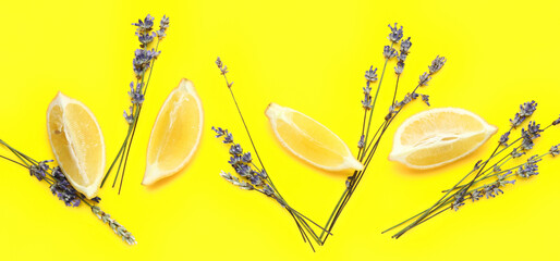 Beautiful lavender flowers with lemon pieces on yellow background