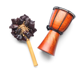 African musical instruments on white background