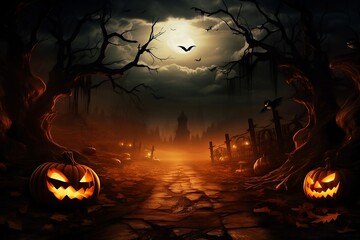  Halloween night with a spooky house and bats, halloween background. Generative AI. 