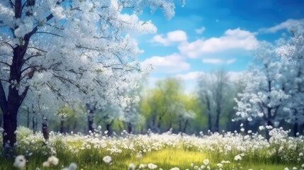 Blooming trees in the spring landscape. AI generated