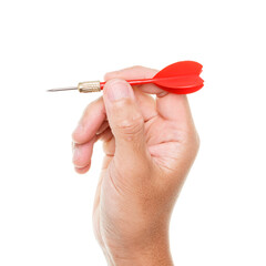 Hand holding red dart isolated on white background