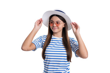 photo of summer stylish smiling teenager girl wearing striped tshirt.
