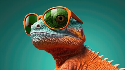 Chameleon sporting a stylish pair of sunglasses, 3D cartoon style. Generative AI