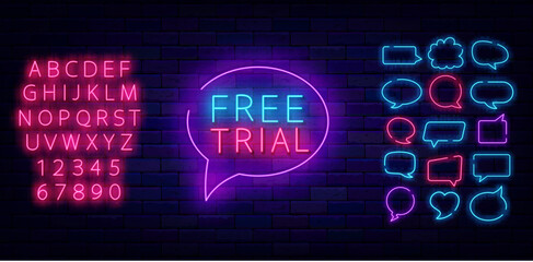Free trial neon label. Speech bubble frames collection. Shiny pink alphabet. Subscribe sign. Vector stock illustration