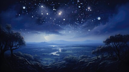 Naklejka premium Delicate dots of paint converge to form a breathtaking landscape, reminiscent of a starry night. Generative AI