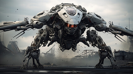 Fototapeta premium illustration of war robot - AI generated image.