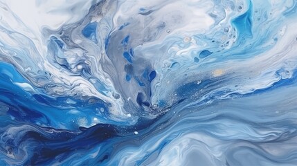 Streaks and waves of blue and white paint. AI generated