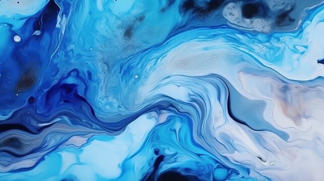 Streaks and waves of blue and white paint. AI generated