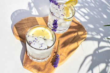 Refreshing cocktail with lemon wedges and fresh lavender flowers. summer drinks. Detox water with...