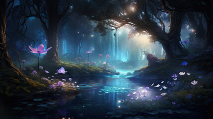 Illustration of fantasy forest - AI generated image.