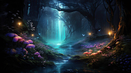Naklejka premium Illustration of fantasy forest - AI generated image.