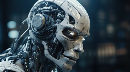 Close-up of a cyborg's head. New AI technologies