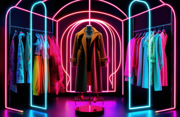 A wardrobe with neon-lit clothes. Artificial intelligence created.