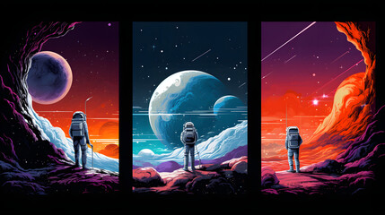 Space, science fiction, future. Vector illustrations of astronaut, galaxy, planet, moon, space objects for poster, background or cover  © Clipart Collectors