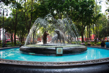 Emblemática fuente de los Coyotes en el centro de Coyoacán, Ciudad de México.
