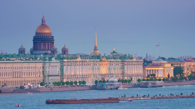 Saint-Petersburg, Russia - Jun 25 2023, 4k, aerial view, evening view of the Hermitage, Palace Embankment and St. Isaac's Cathedral, Neva river, Saint-Petersburg, Russia