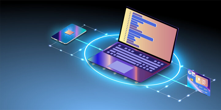 This modern vector illustration represents the ease and convenience of online payments. With a computer, credit card, and smartphone, making secure transactions has never been simpler