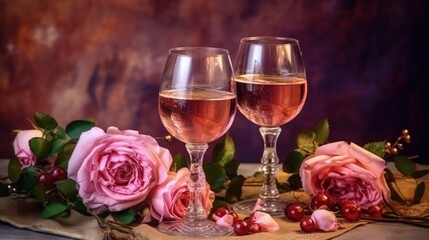 Two glasses of wine on a brown background. Beautiful roses are lying on a wooden table. Romantic dinner. Generative AI