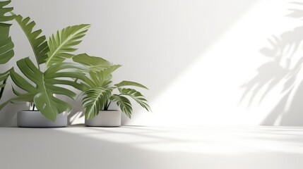 Potted plants against an empty white wall. The shadow of a plant on the wall. Generative AI
