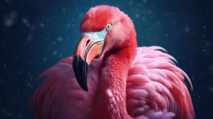 Portrait of a pink flamingo on a blue blurry background, close-up. Tropical bird. Generative AI