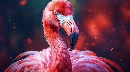 Portrait of a pink flamingo on a bright blurry background, close-up. Tropical bird. Generative AI