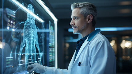 salute e medicina attraverso la tecnologia e l'intelligenza artificiale, dottore che guarda dati di un paziente su uno schermo ologramma - obrazy, fototapety, plakaty