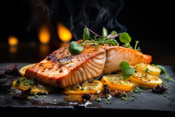 close up grilled salmon fillet in luxury restaurant | Generative AI