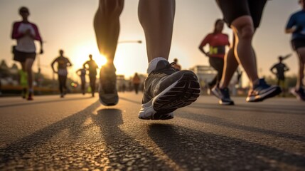 A group of athletes running cross-country trains together on a dirt track. Bottom view, legs only. Generative AI