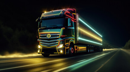 A truck driving on the highway at night, side view. Transportation and delivery concept. Generative AI