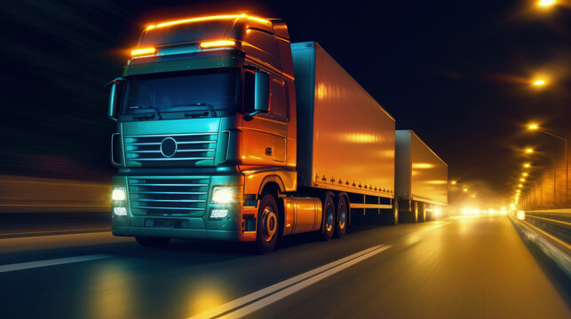 A truck driving on the highway at night. Transportation and delivery concept. Generative AI