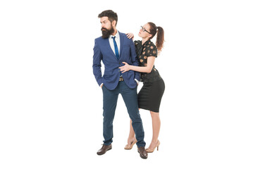 Dominating. Girls power. Sexy woman dominate bearded man. Leadership and authority in business....