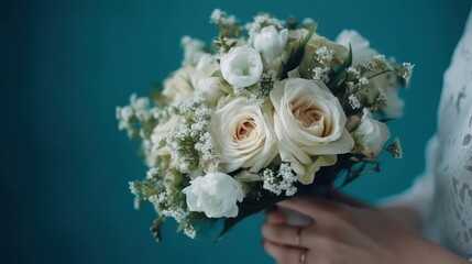 Wedding banner. Beautiful bridal bouquet of the bride on the blue background. Wedding concept. Generative AI