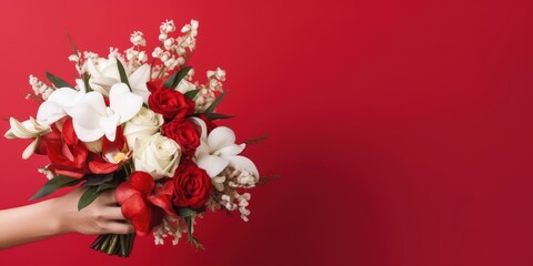 Wedding banner, place for text. Beautiful bridal bouquet of the bride on the red background. Wedding concept. Generative AI