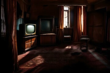 Enter the dark decrepit room with a box TV, a relic from another time. Ai generated