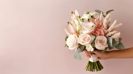 Wedding banner, place for text. Beautiful bridal bouquet of the bride on the light brown background. Wedding concept. Generative AI