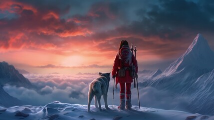 A woman in a winter suit with a backpack stands with a dog on the edge of a snowy mountain. Winter landscape, recreation. Generative AI