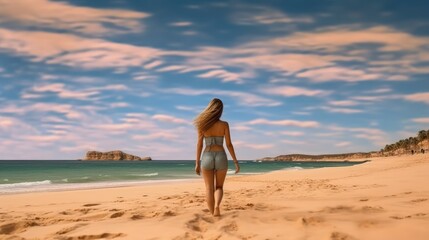 A girl walking on the beach, rear view. Summer vacation and relax. Generative AI