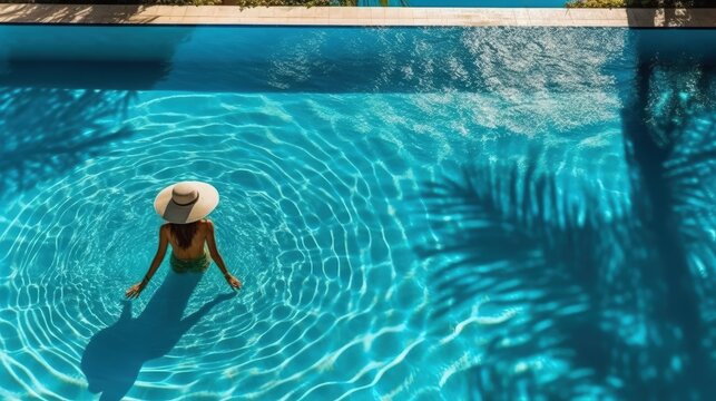 A woman in a hat enjoys swimming in the pool, top view. Summer vacation and relax. Generative AI