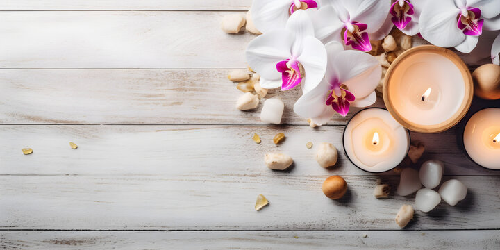 orchids, stones, candles, spa and relaxation concept, light background with copy space, generative ai