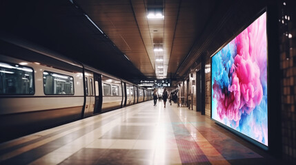 Beautiful standing billboard in the underground subway. Generative AI - obrazy, fototapety, plakaty