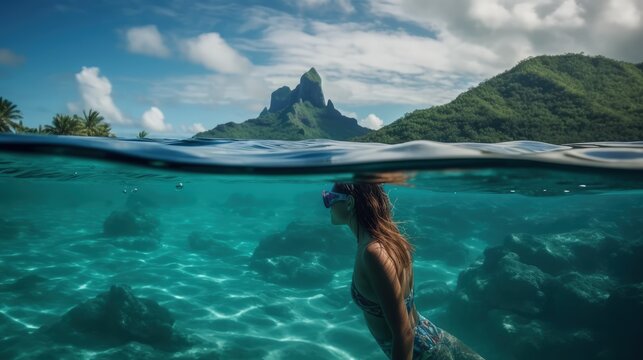 A woman bathing in the sea under water. Green island in the distance. Summer vacation and relax. Generative AI