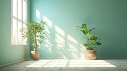 Empty interior with soft walls with a plant on the floor. Digital ai art