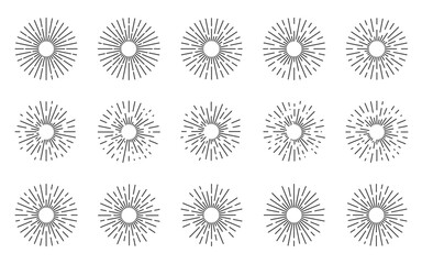 Vintage sunburst collection. Radial sunset beams isolated on white background. Different shapes circle bursting sun rays ink hand drawn hipster frames. Fireworks explosion light blast trendy effect