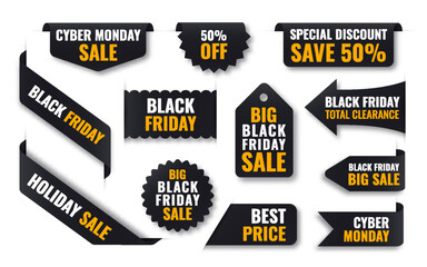 Black Friday big hot sale labels. Cyber monday holiday price tag. Total clearance market promotional banner. Discount shop badge. Save 50 percent deal note sticker. Corner black ribbon isolated