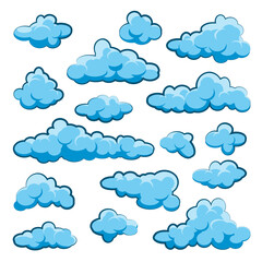 Painted cartoon clouds on blue background. Simple hand drawn round cloud, summer sky panorama, cloudscape. Flat design. Vector illustration