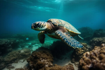 Fototapeta premium Big turtle diving in the ocean, generative AI