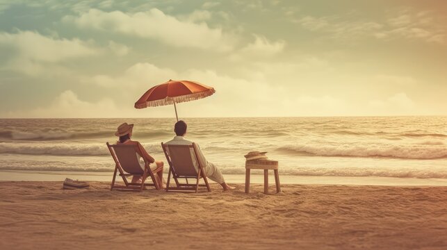 A young couple resting on the beach by the sea. Summer vacation and relax. Generative AI