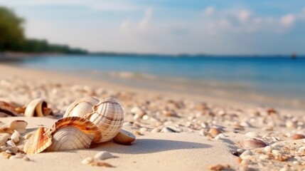 Fototapeta na wymiar Seashells on a sandy beach. Tropical beach with seashells on white sand
